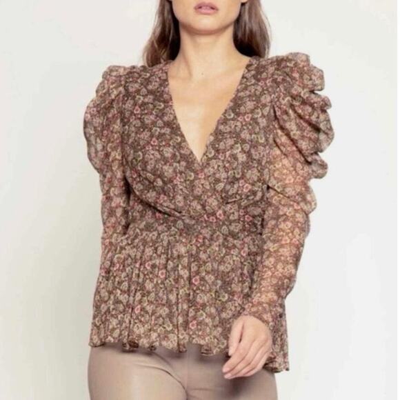NWOT Walter Baker Rita Floral Wrap Peplum Top Brown Pink Green Size Large - Picture 5 of 12